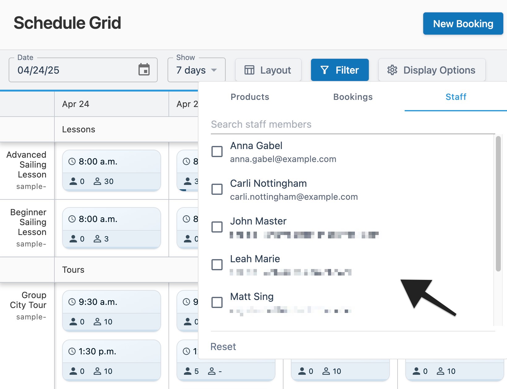 Schedule grid page with the Filter window open and an arrow highlighting staff names to indicate selection.