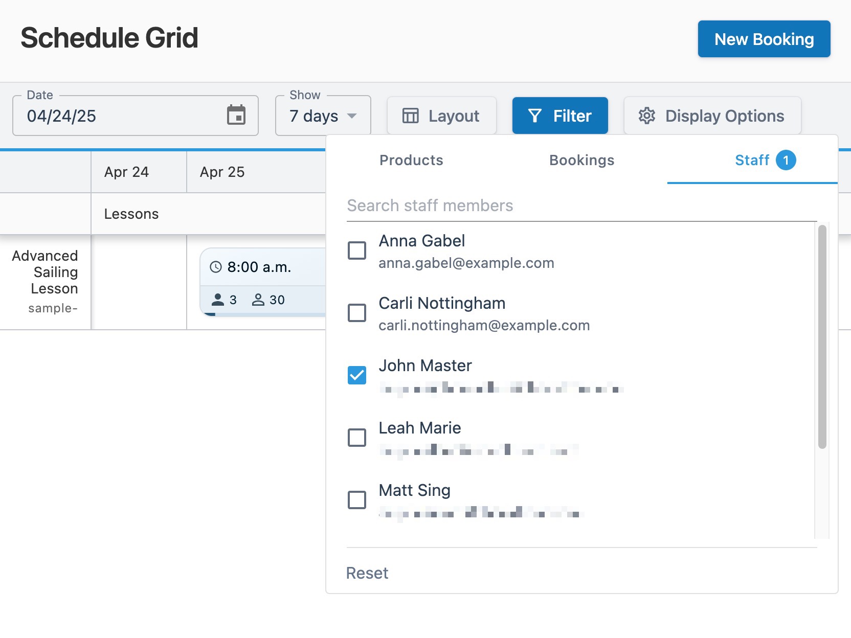 Schedule grid page with the Filter window open, displaying results for selected staff.