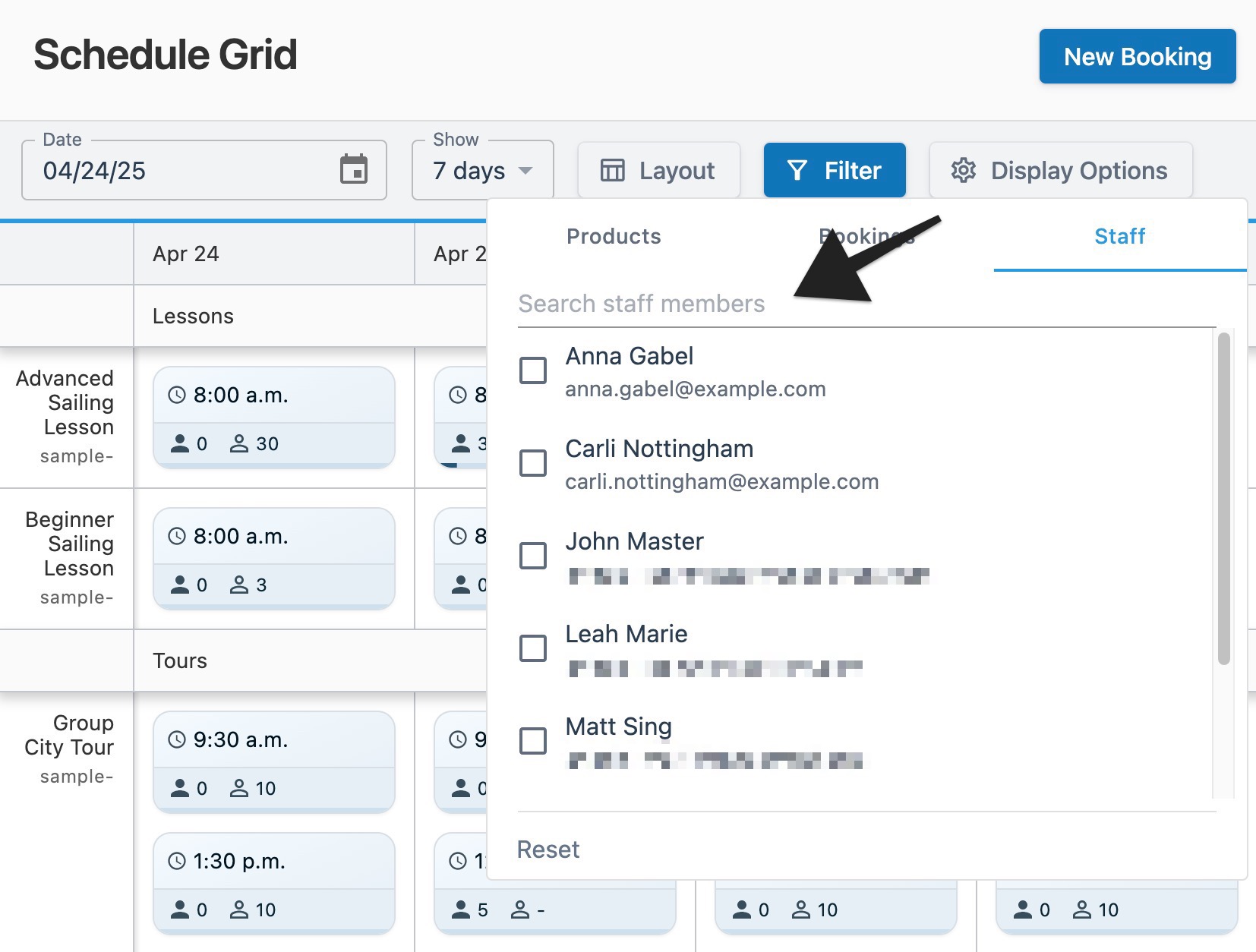 Schedule grid page with the Filter window open and an arrow highlighting the text input search field.