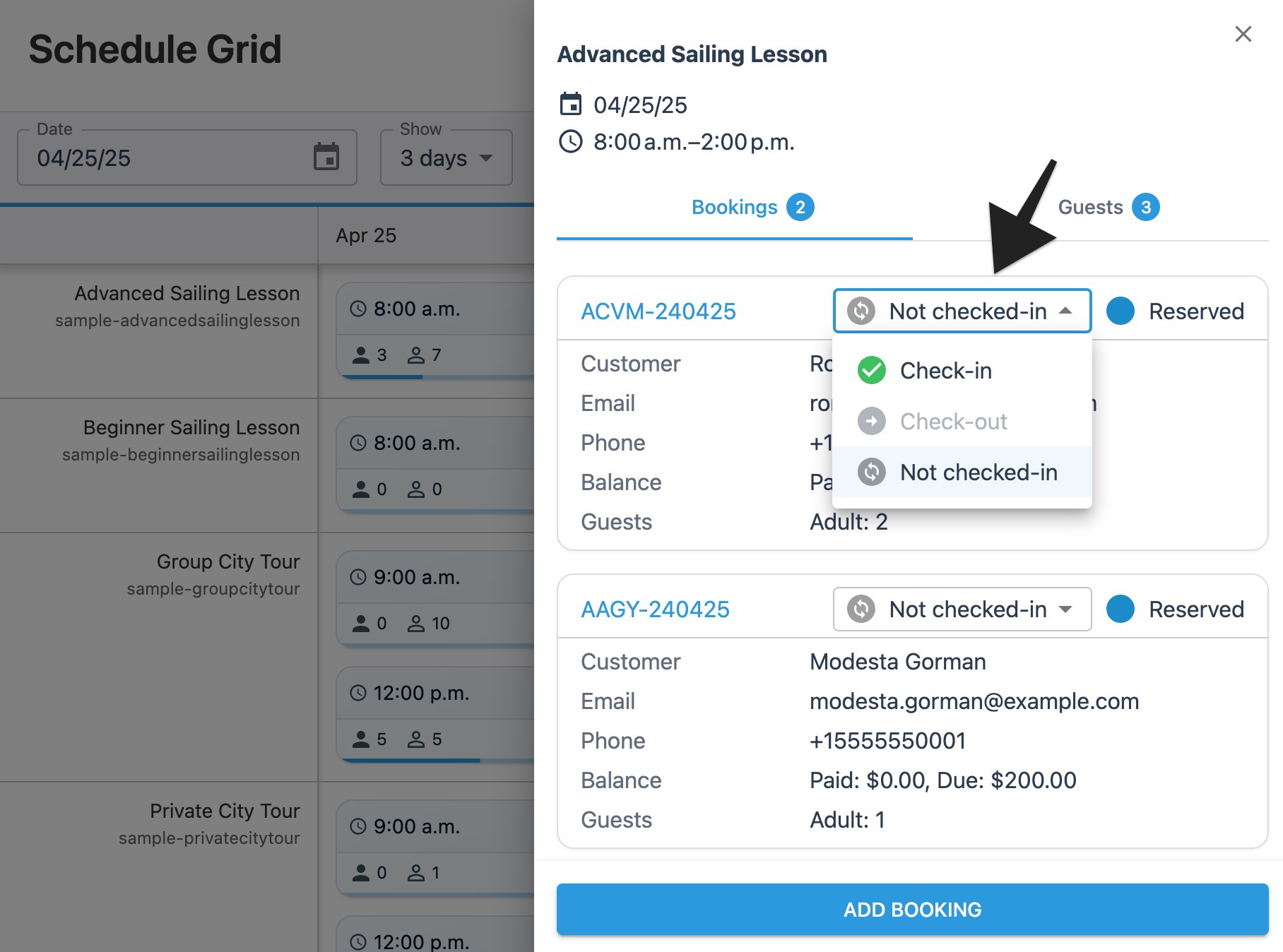 Schedule grid session drawer with annotation highlighting the check-in menu.