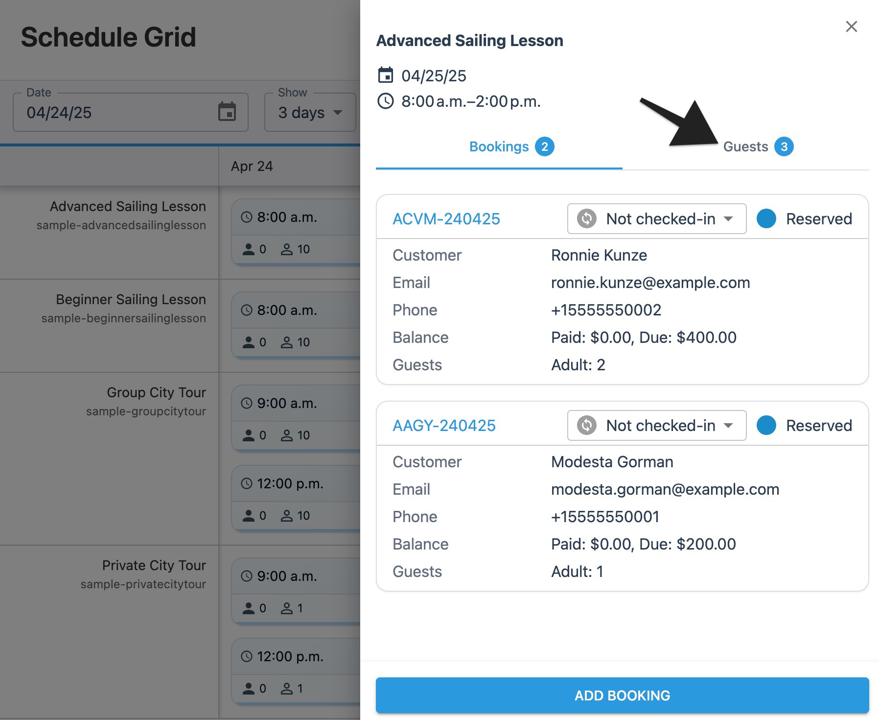Schedule grid session drawer with annotation highlighting the ‘Guests’ tab.