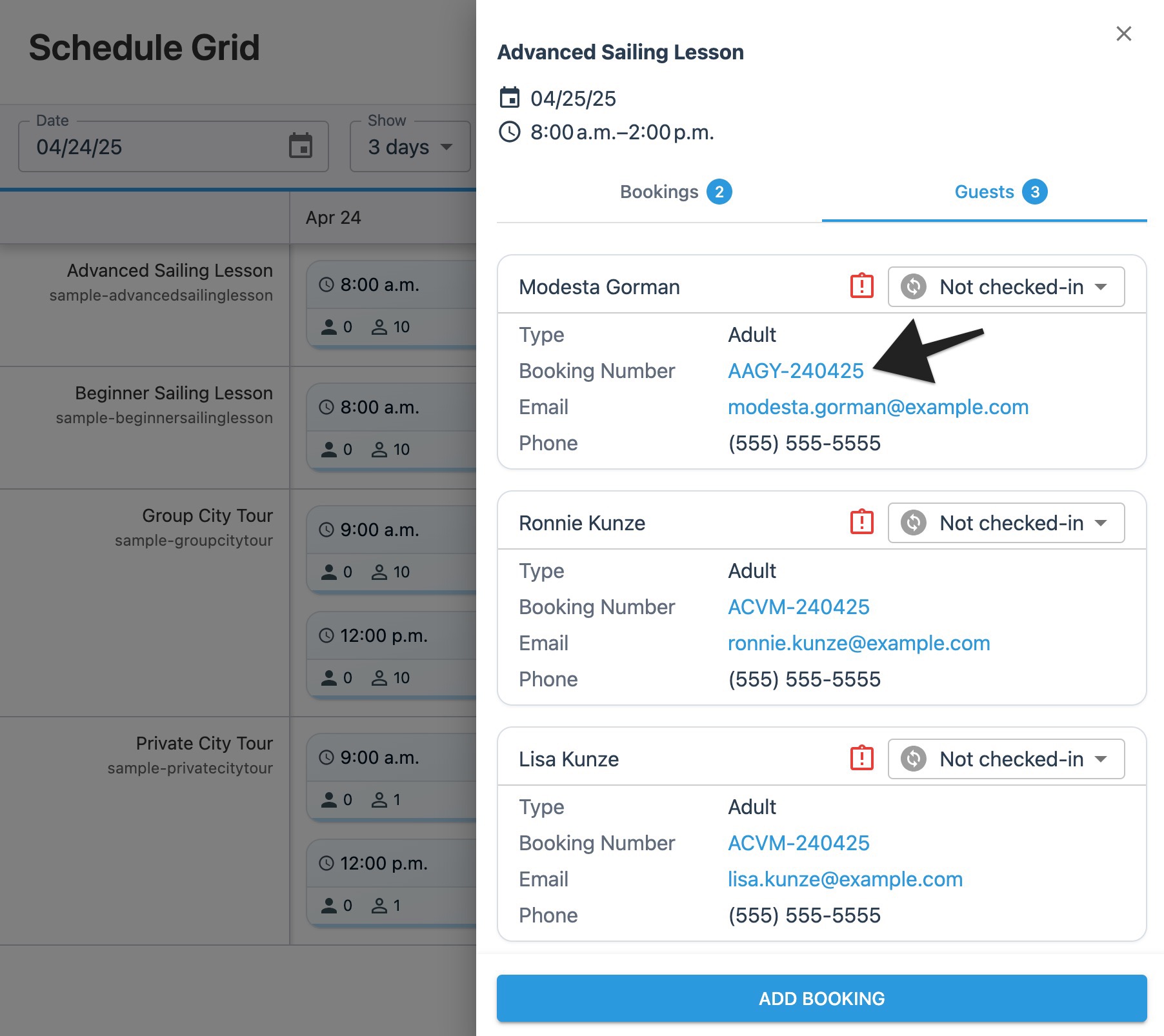 Schedule grid session drawer with annotation highlighting a booking ID hyperlink.