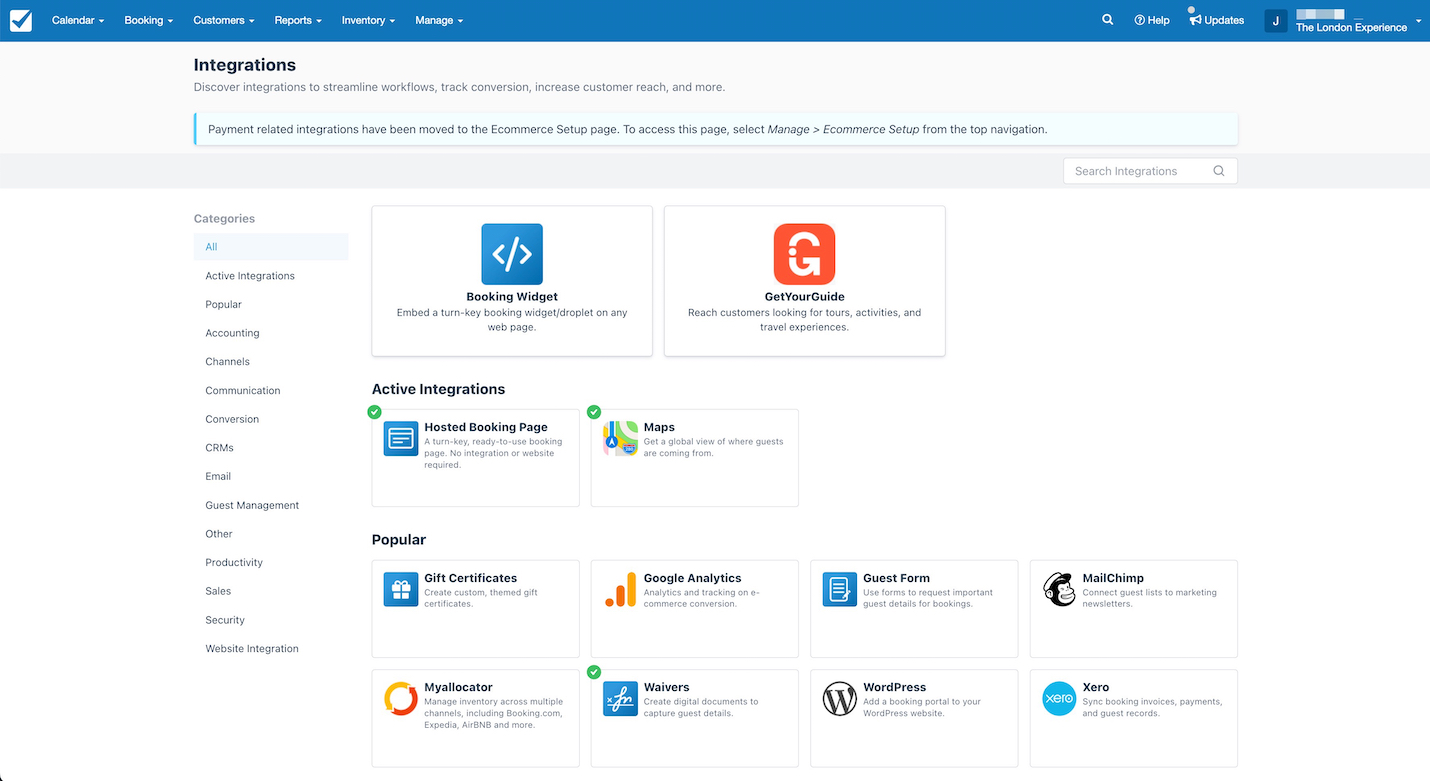 The Integrations page displays available and active integrations including Booking Widget and GetYourGuide.