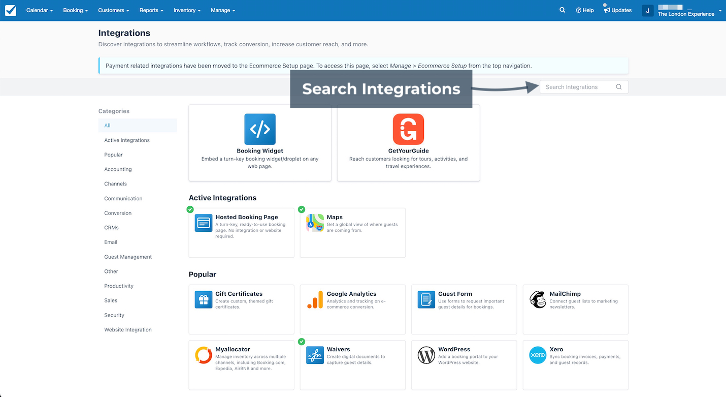 The Integrations page highlights the search bar for finding specific integrations.