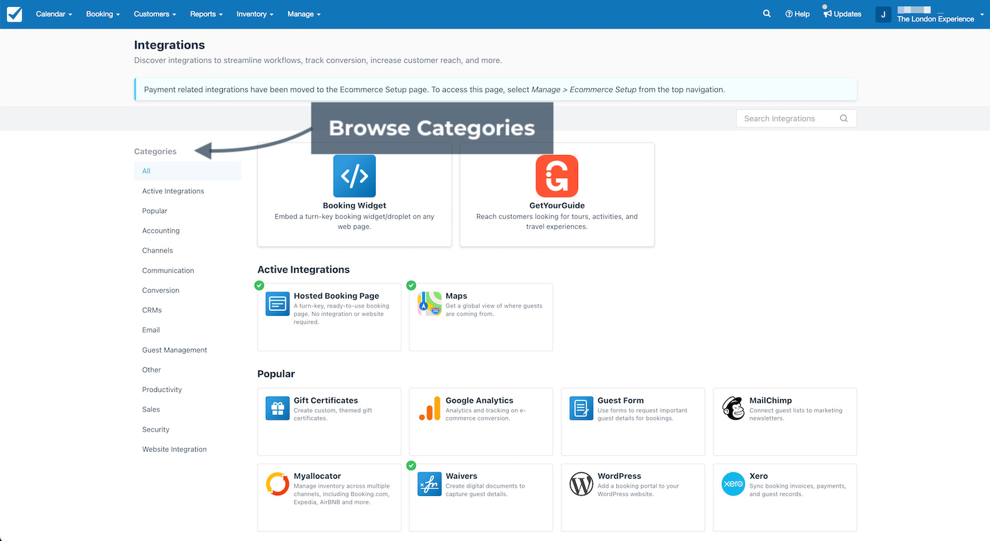 The Integrations page shows the categories menu for browsing available integration types.