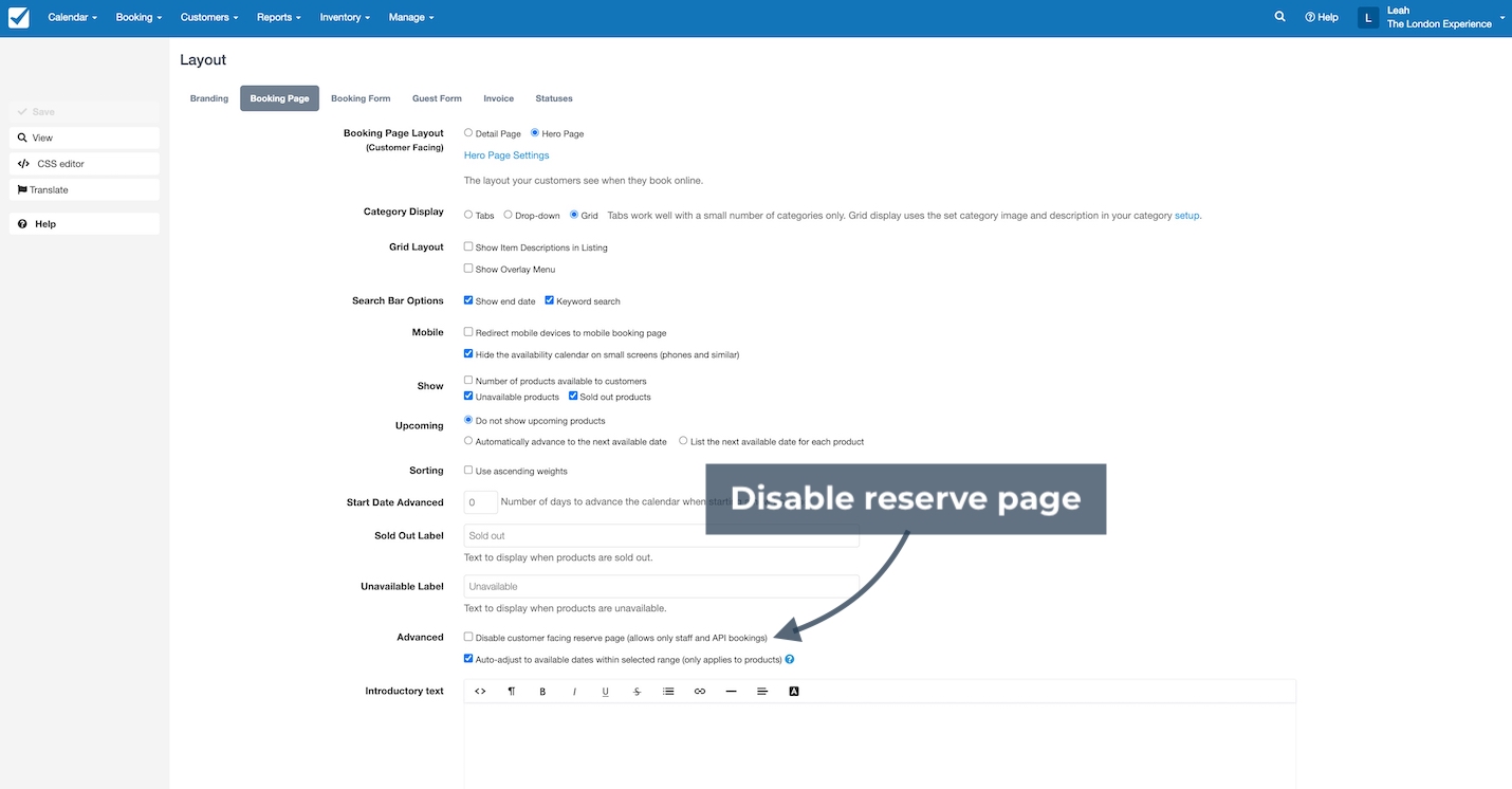 Booking page layout settings highlighting the disable reserve page option with a label and arrow.