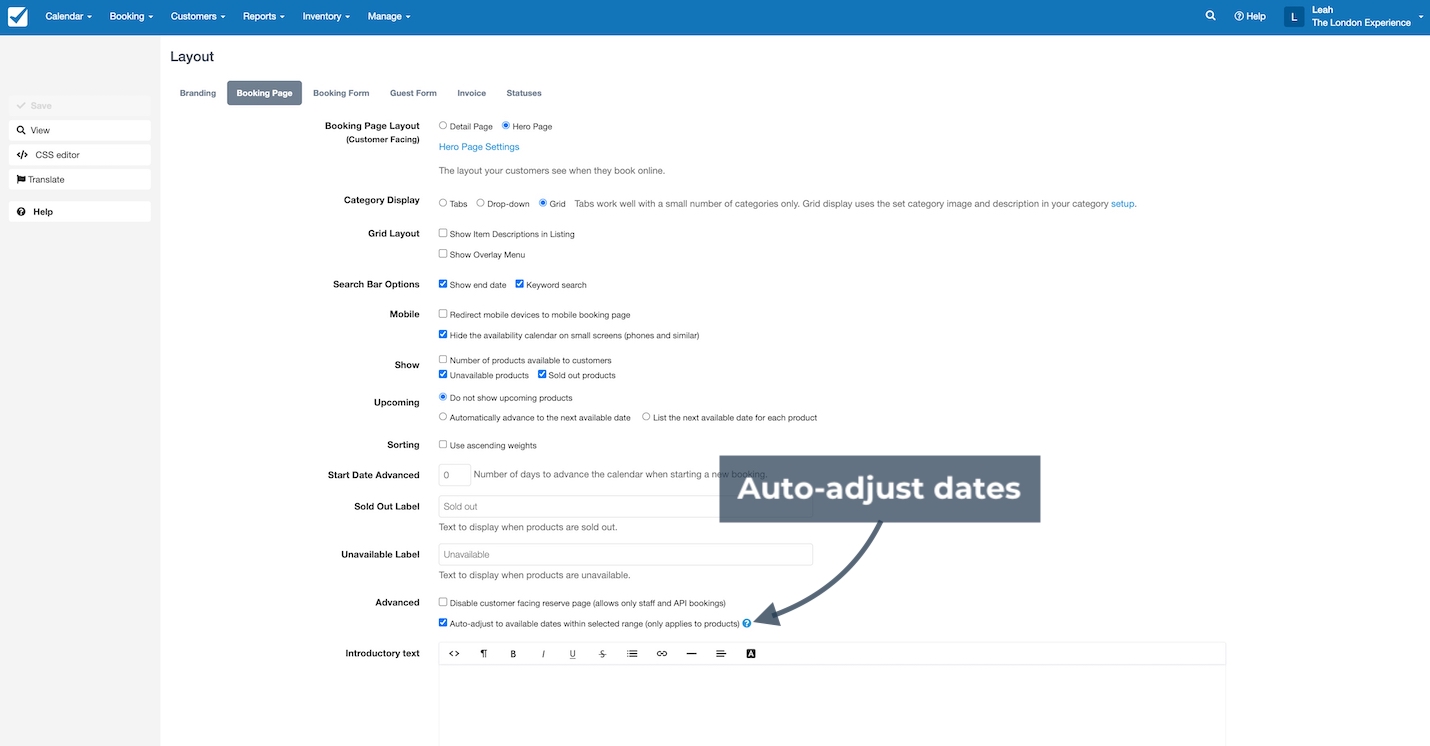 Booking page layout settings highlighting the auto-adjust dates option with a label and arrow.