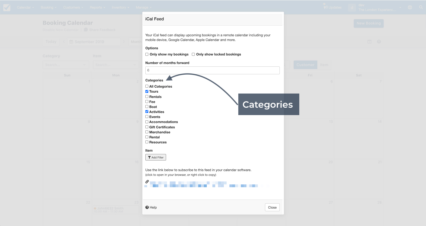 iCal feed settings with categories filter options for calendar subscriptions.