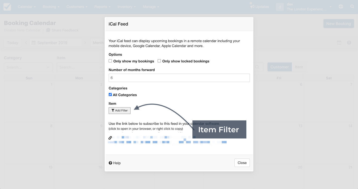 iCal feed settings with item filter option for calendar subscriptions.