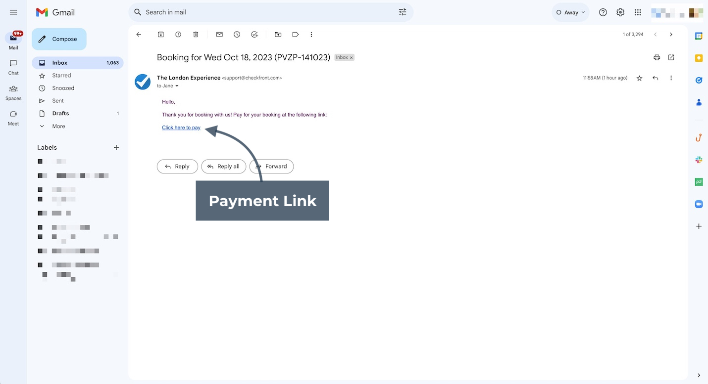 Gmail inbox showing a booking confirmation email from The London Experience with a payment link displayed as a clickable text link.