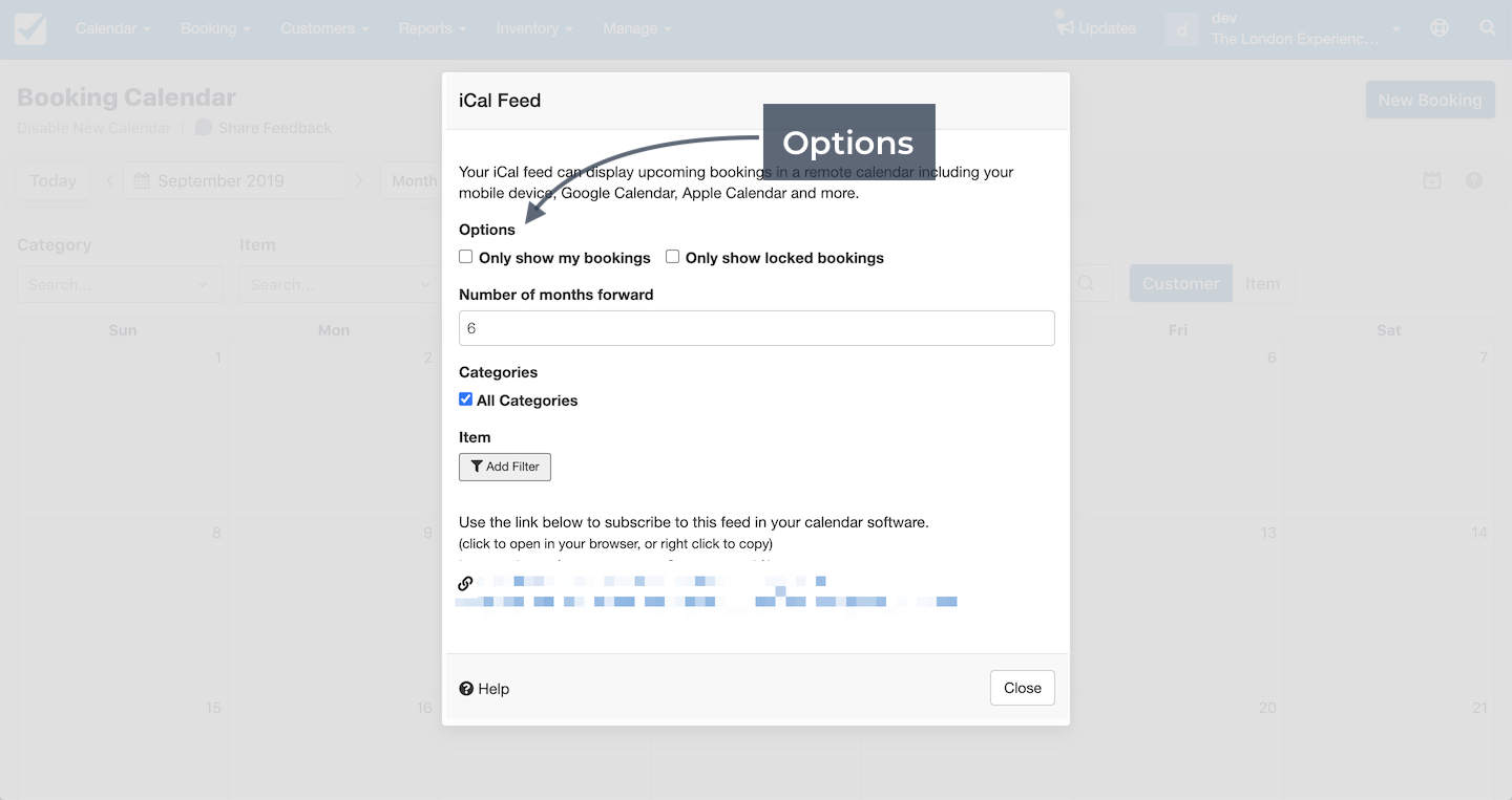iCal feed settings with options filter for calendar subscriptions.