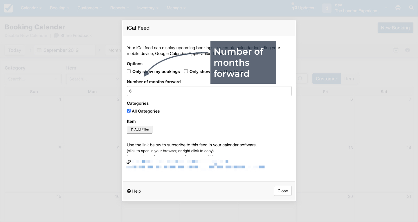 iCal feed settings showing number of months forward option for bookings.