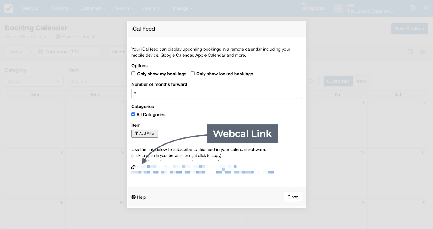 iCal feed settings showing webcal link for calendar subscription.