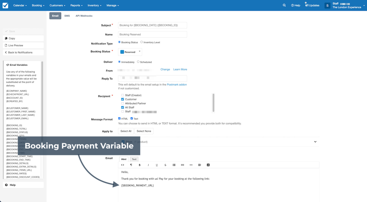 Checkfront notification editor showing booking reserved email template with subject, recipient options, and booking payment variable placeholder in the email body.