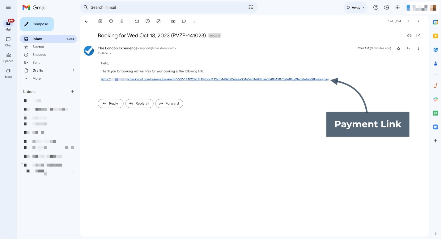 Gmail inbox showing a booking confirmation email from The London Experience with a payment link displayed as a long URL.