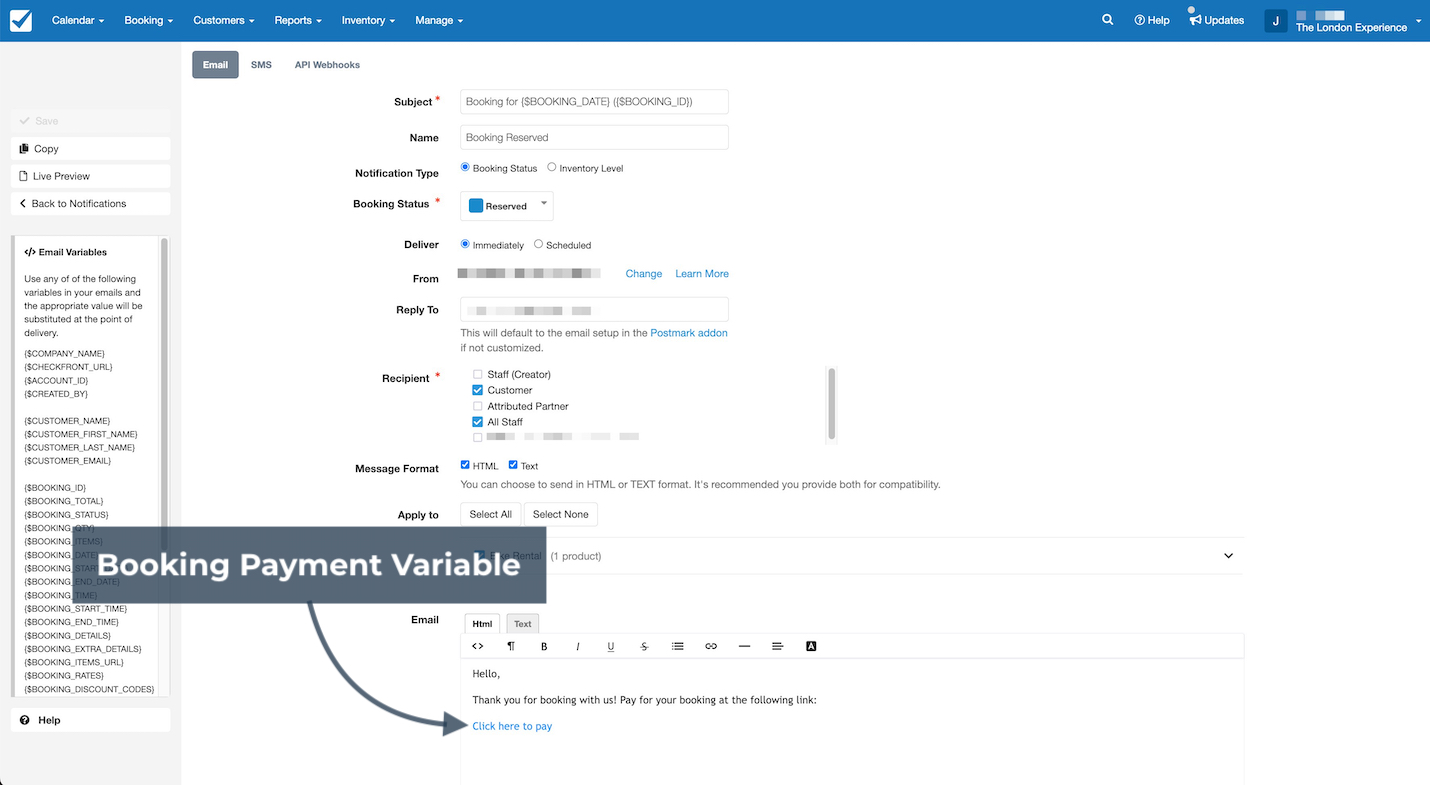 Checkfront notification editor for booking reserved email template with booking payment variable displayed as a clickable link in the email body.