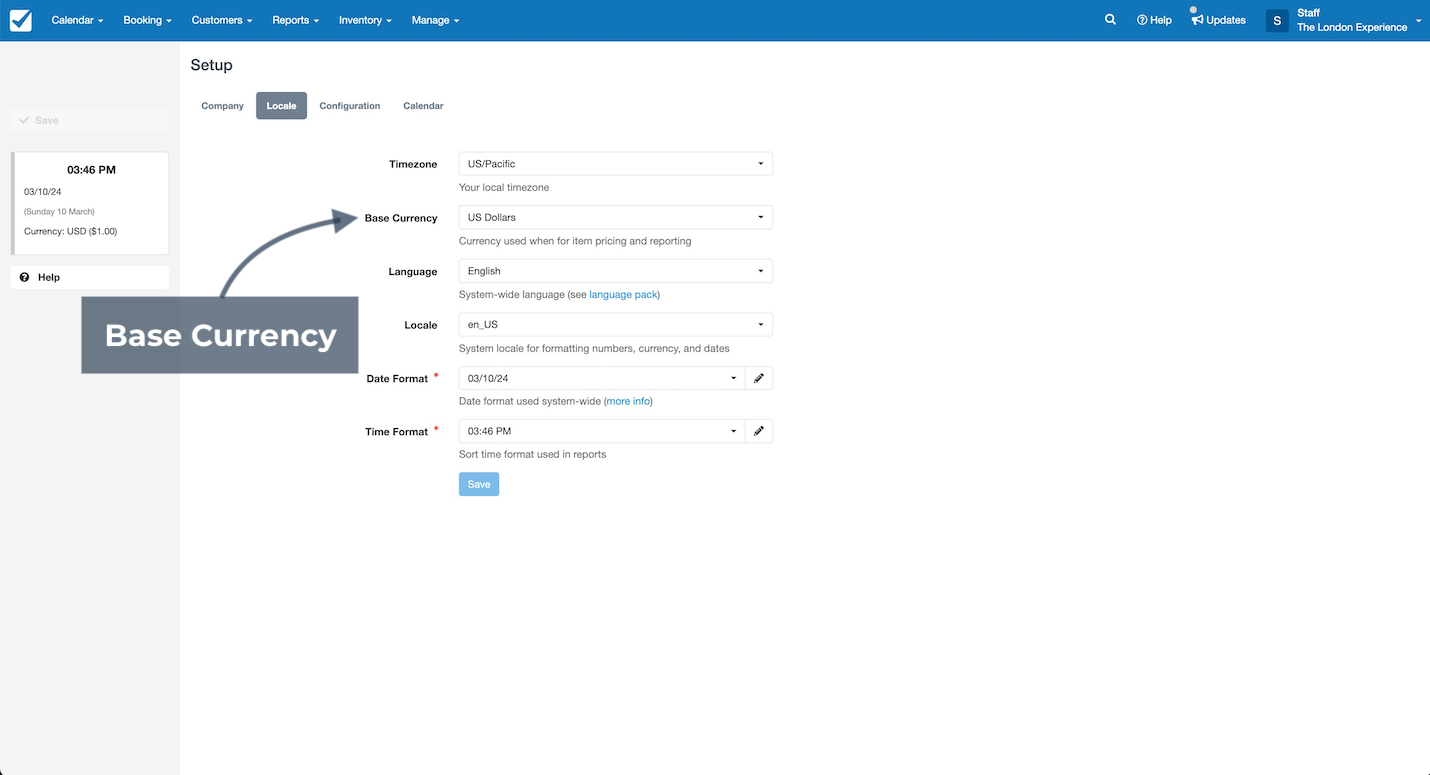 Setup page showing system locale settings with an arrow pointing to the Base Currency option for defining the currency used in pricing and reporting.
