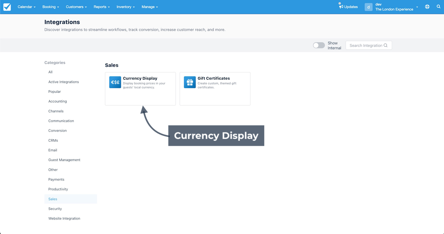 Integrations page highlighting the Currency Display integration option for showing booking prices in guests' local currency.