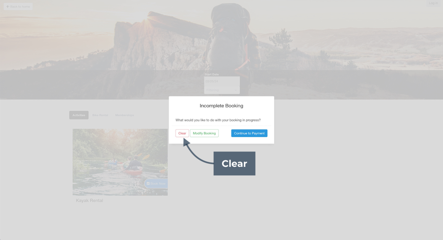 An incomplete booking pop-up displays options to clear, modify booking, or continue to payment with clear highlighted.