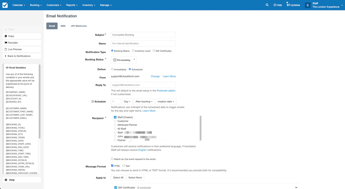 The email notification setup screen shows fields for subject, booking status, recipients, and scheduling for incomplete booking notifications.