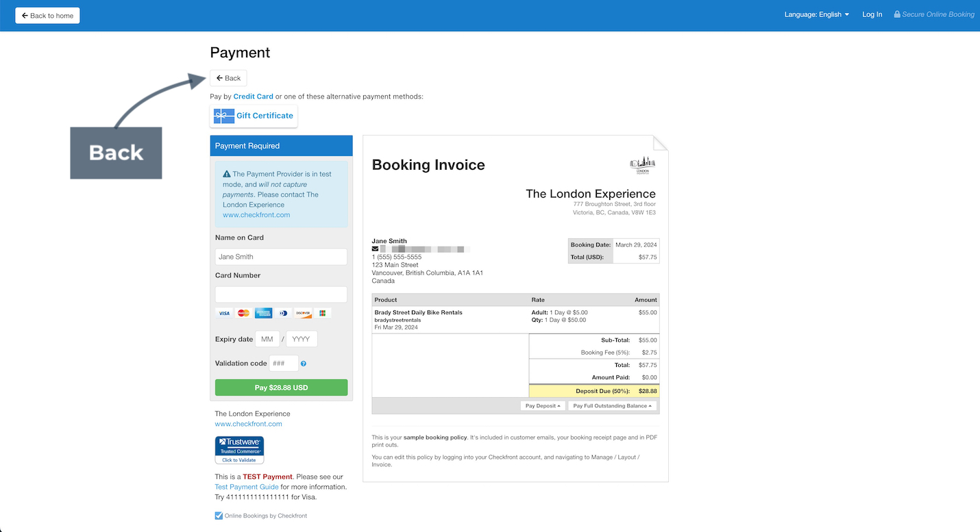 The payment page shows a booking invoice with credit card entry fields and a highlighted back button option.