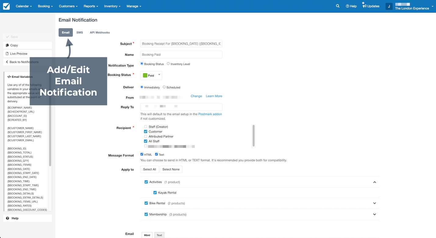 Email notification setup screen in Checkfront with arrow pointing to Add/Edit Email Notification.