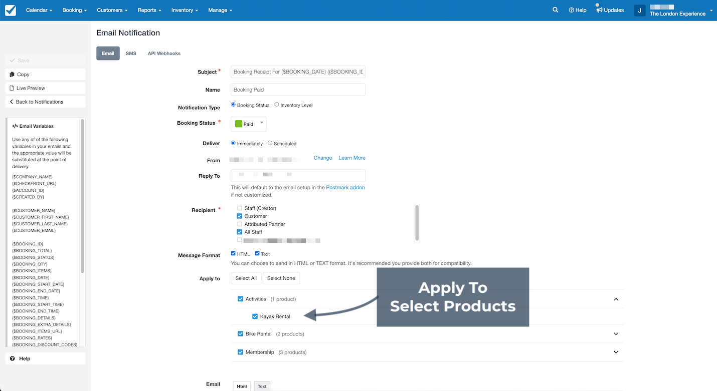 Email notification setup in Checkfront with arrow pointing to Apply to Select Products section.