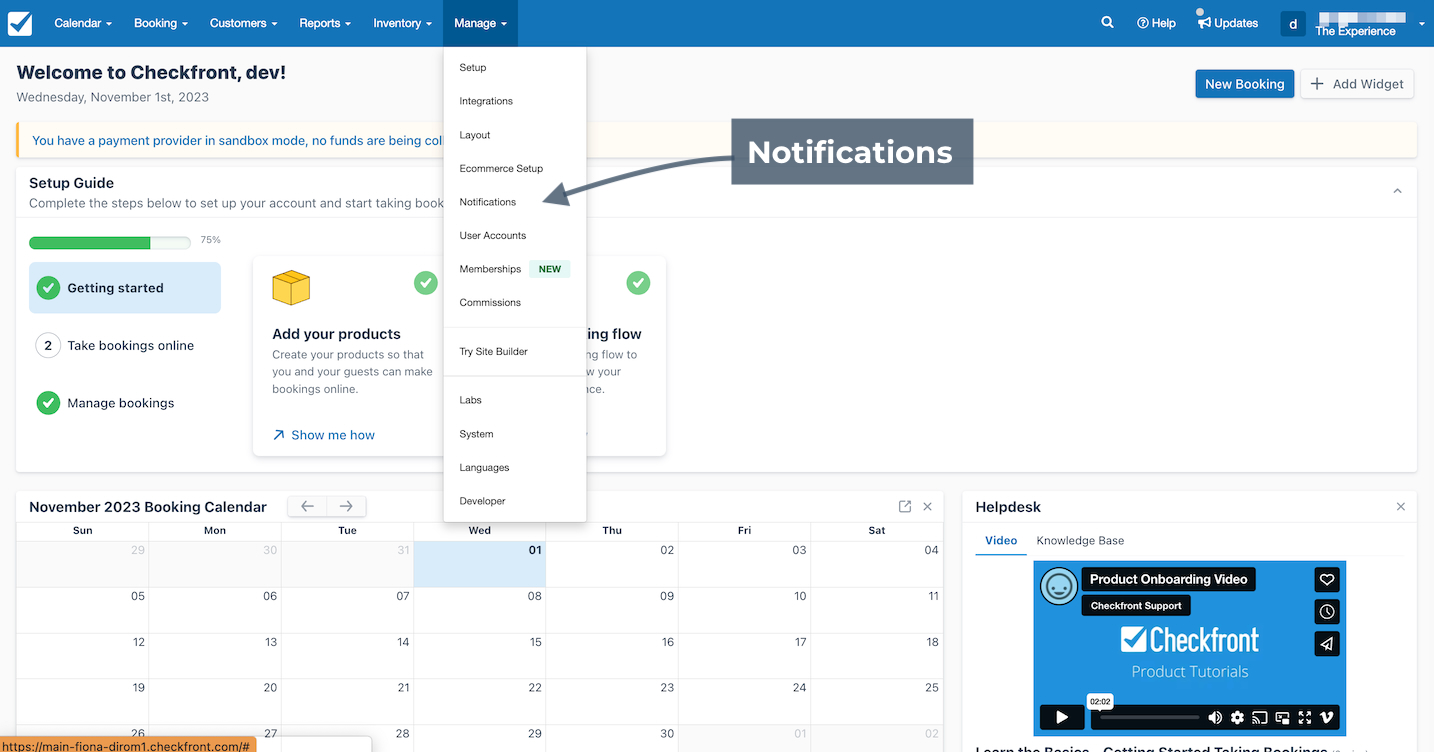 Manage menu open in Checkfront dashboard with arrow pointing to Notifications option.