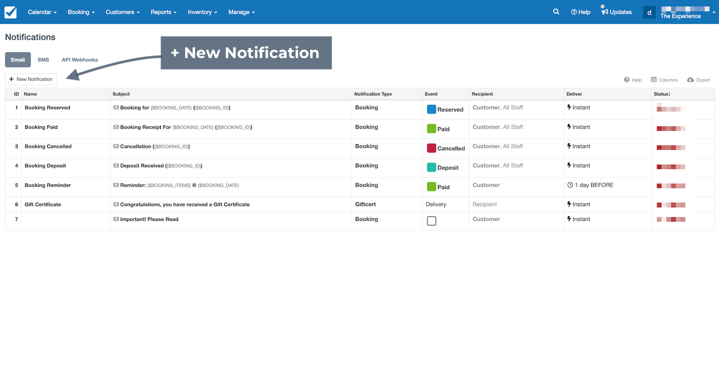 Notifications list page displaying existing email notifications with an arrow pointing to the New Notification button..