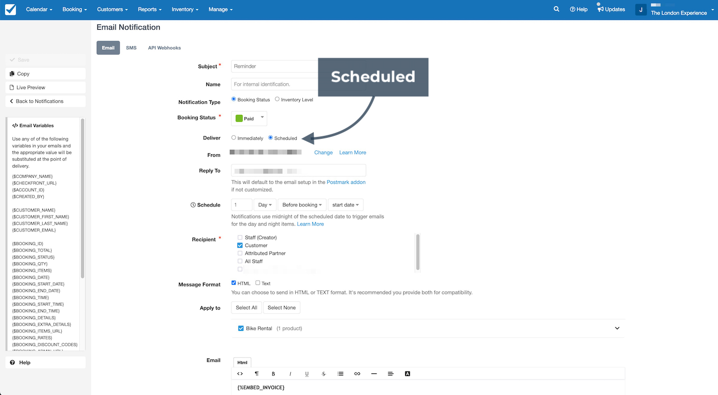 Email notification settings screen highlighting the scheduled delivery option with an arrow pointing to the Scheduled radio button.