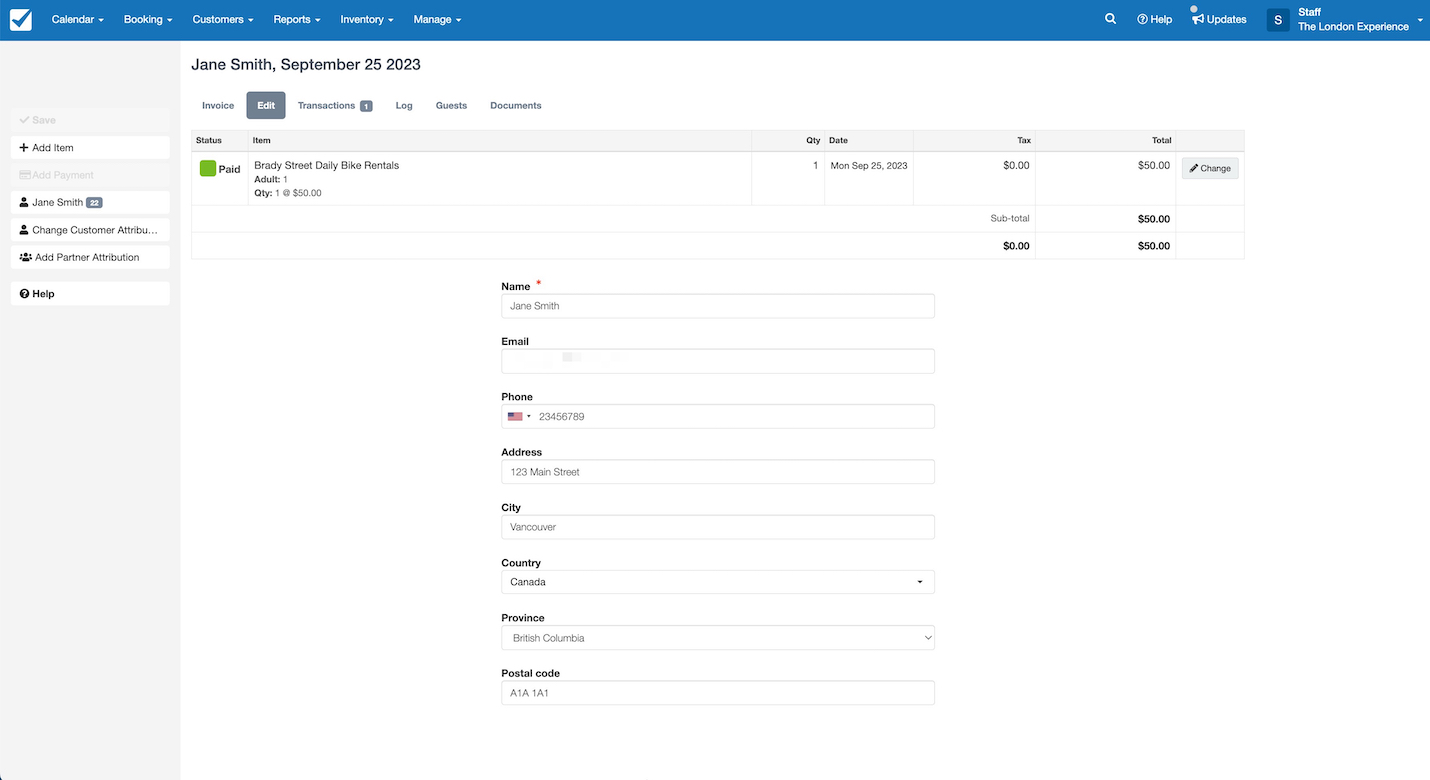 Booking details screen showing Jane Smith’s paid bike rental invoice with editable customer information fields including name, email, phone, address, city, country, province, and postal code.