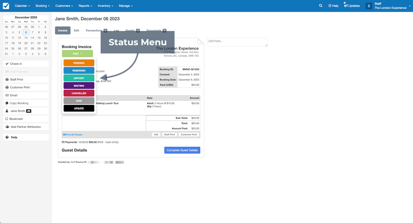 Booking invoice screen in Checkfront with the status menu expanded showing options such as pending, reserved, deposit, waiting, cancelled, void, and update.