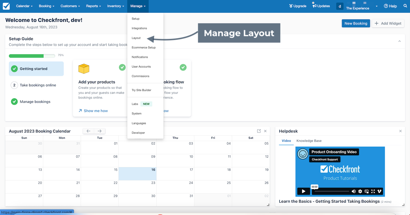 Checkfront dashboard with Manage Layout menu option highlighted under the Manage tab.