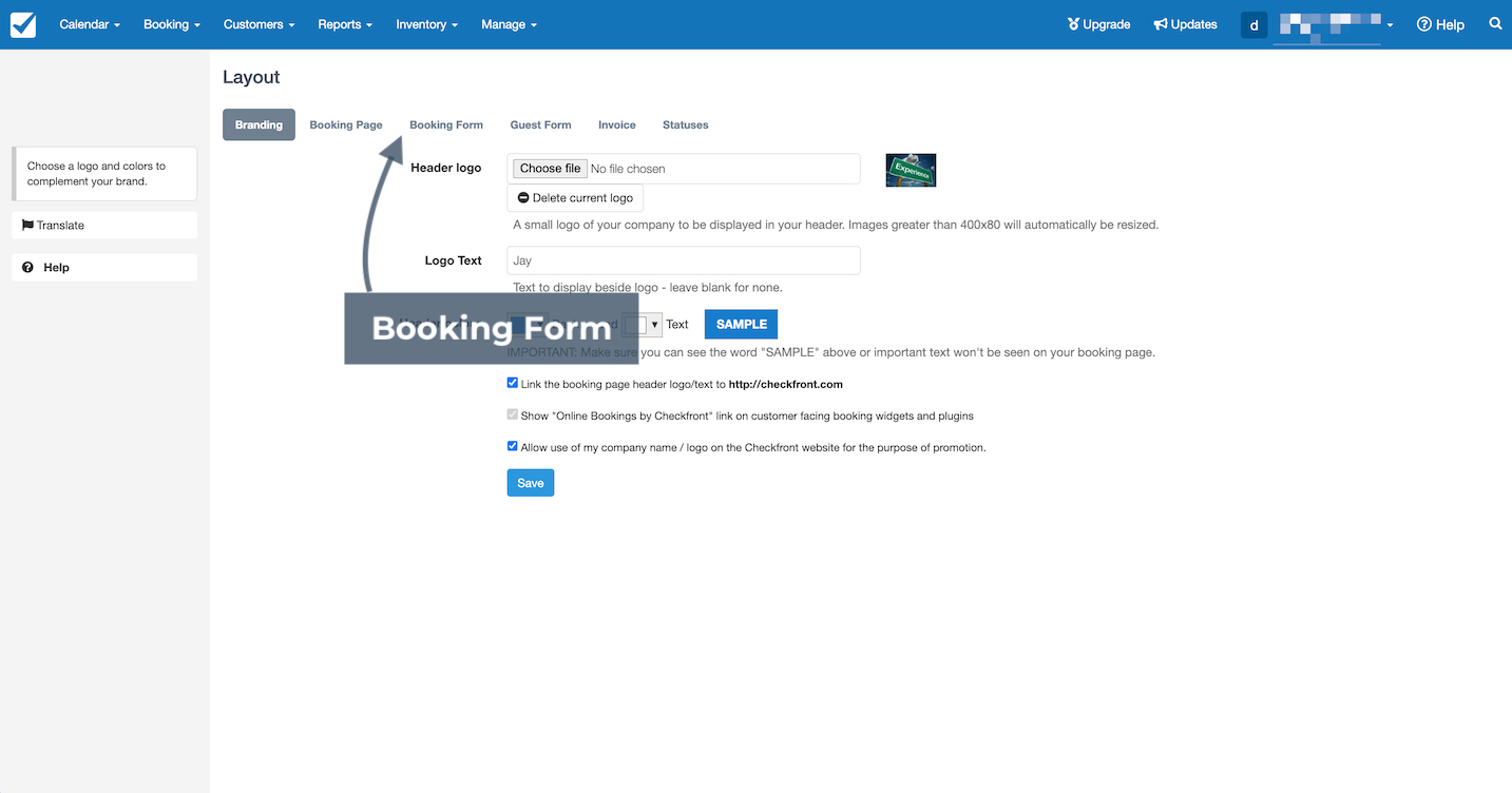Layout settings screen with Booking Form tab highlighted in Checkfront.