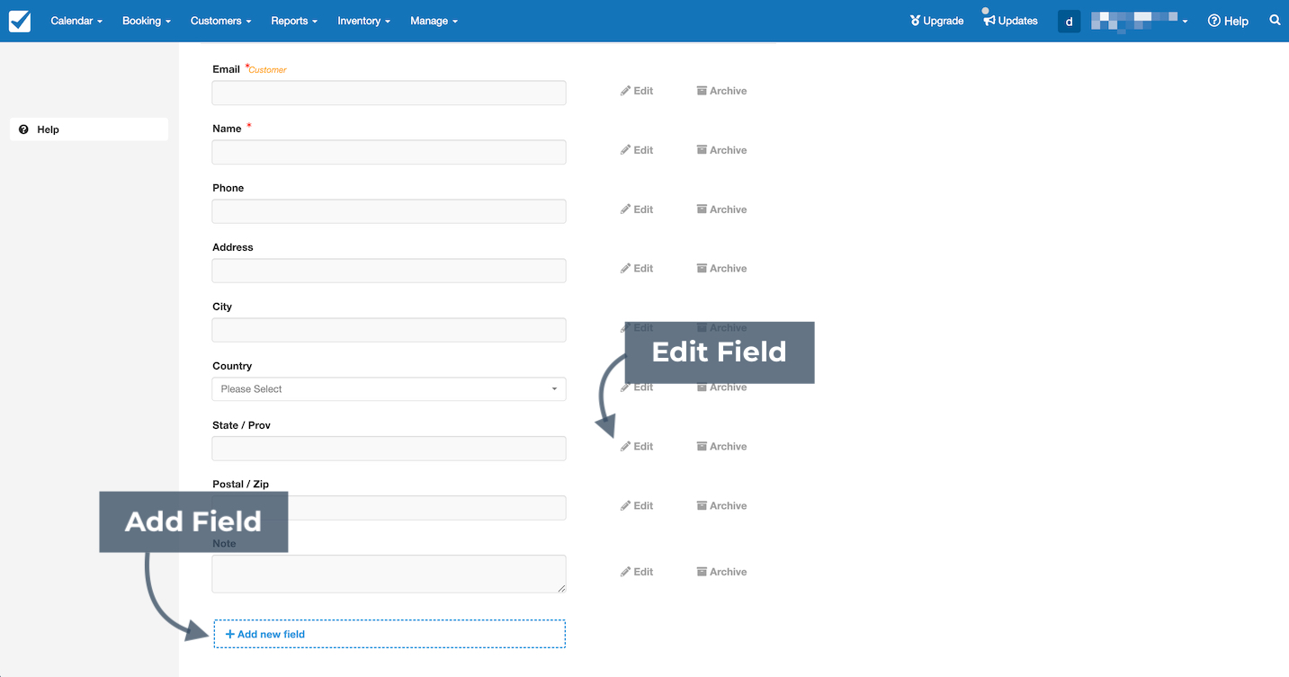 Booking form editor in Checkfront showing Add Field and Edit Field options.
