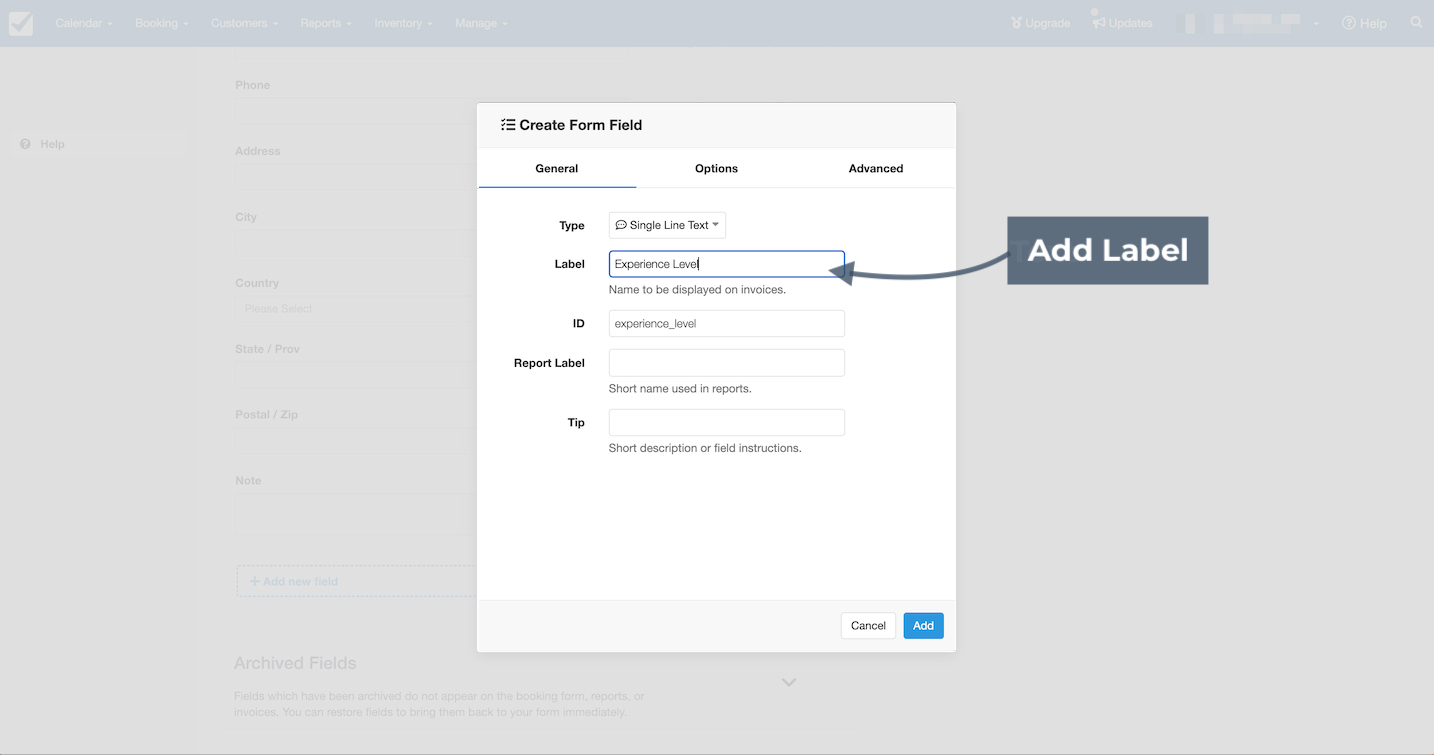Create Form Field popup in Checkfront with Add Label highlighted.
