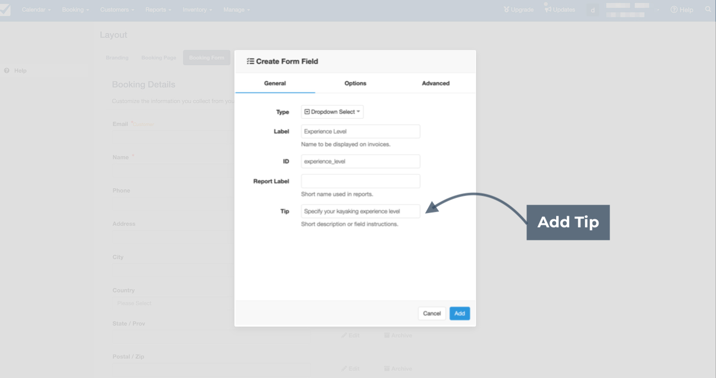 Create form field setup in Checkfront with tip text box highlighted for adding instructions, labeled specify your kayaking experience level.