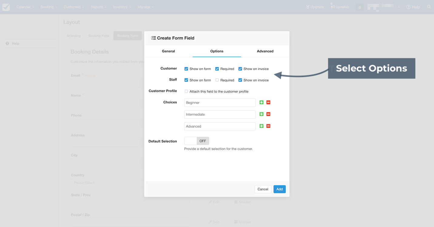 Create Form Field popup in Checkfront with Select Options settings displayed.