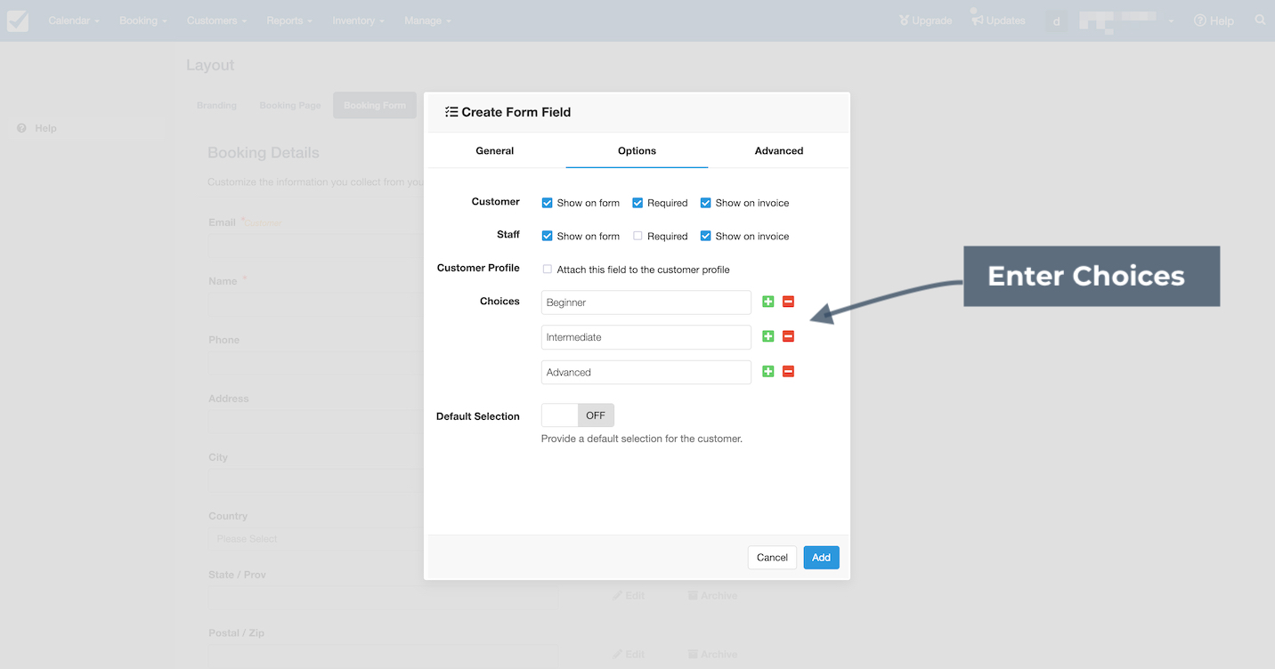 Create Form Field popup in Checkfront showing Enter Choices section.