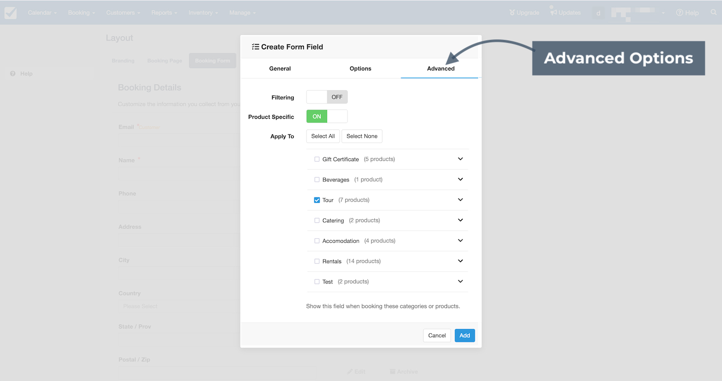 Create Form Field popup in Checkfront with Advanced Options tab selected.