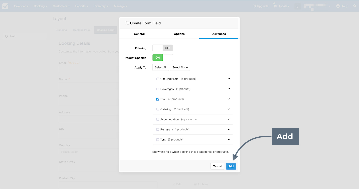 Create Form Field popup in Checkfront with Add button highlighted.