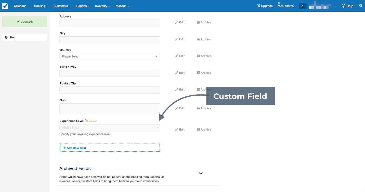 Booking form editor in Checkfront showing a Custom Field for Experience Level added.
