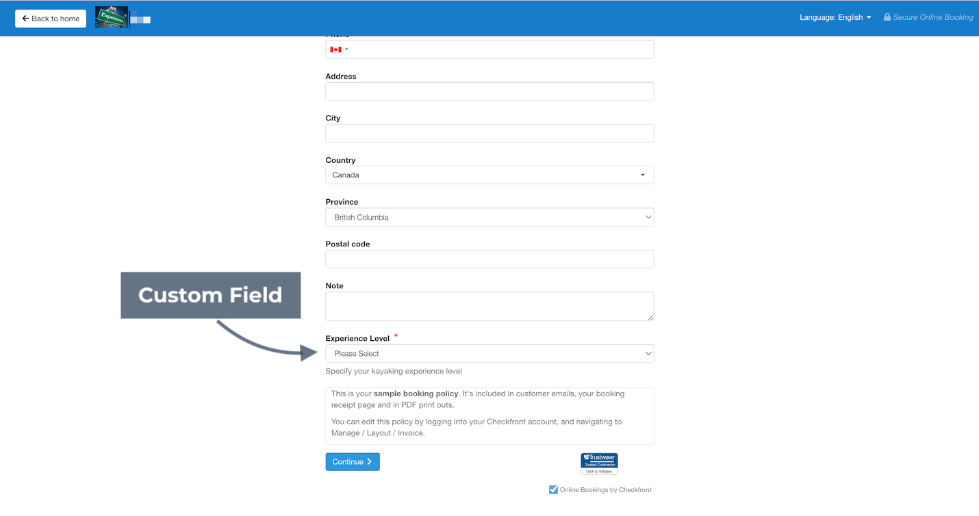 Booking form with a custom field for experience level displayed on the customer information page, showing dropdown selection and field tip.