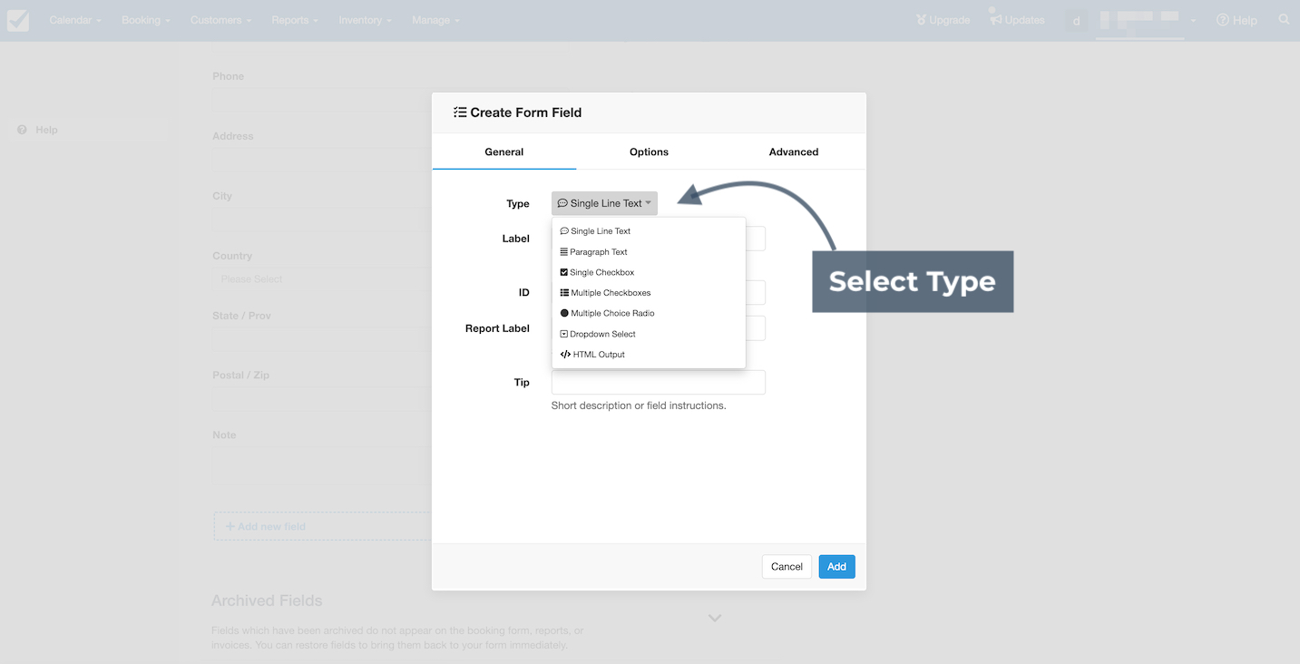 Create Form Field popup in Checkfront with Select Type dropdown expanded.
