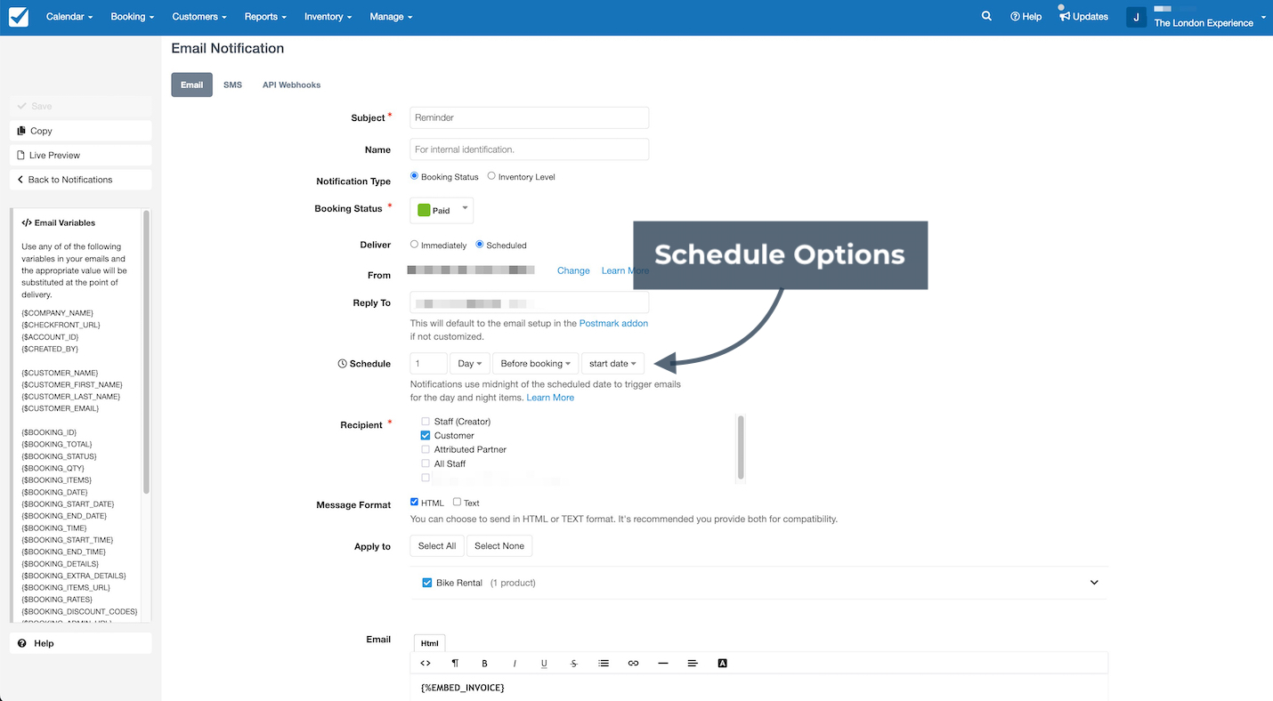Email notification settings screen showing schedule options with an arrow pointing to dropdown menus for timing before booking start date.