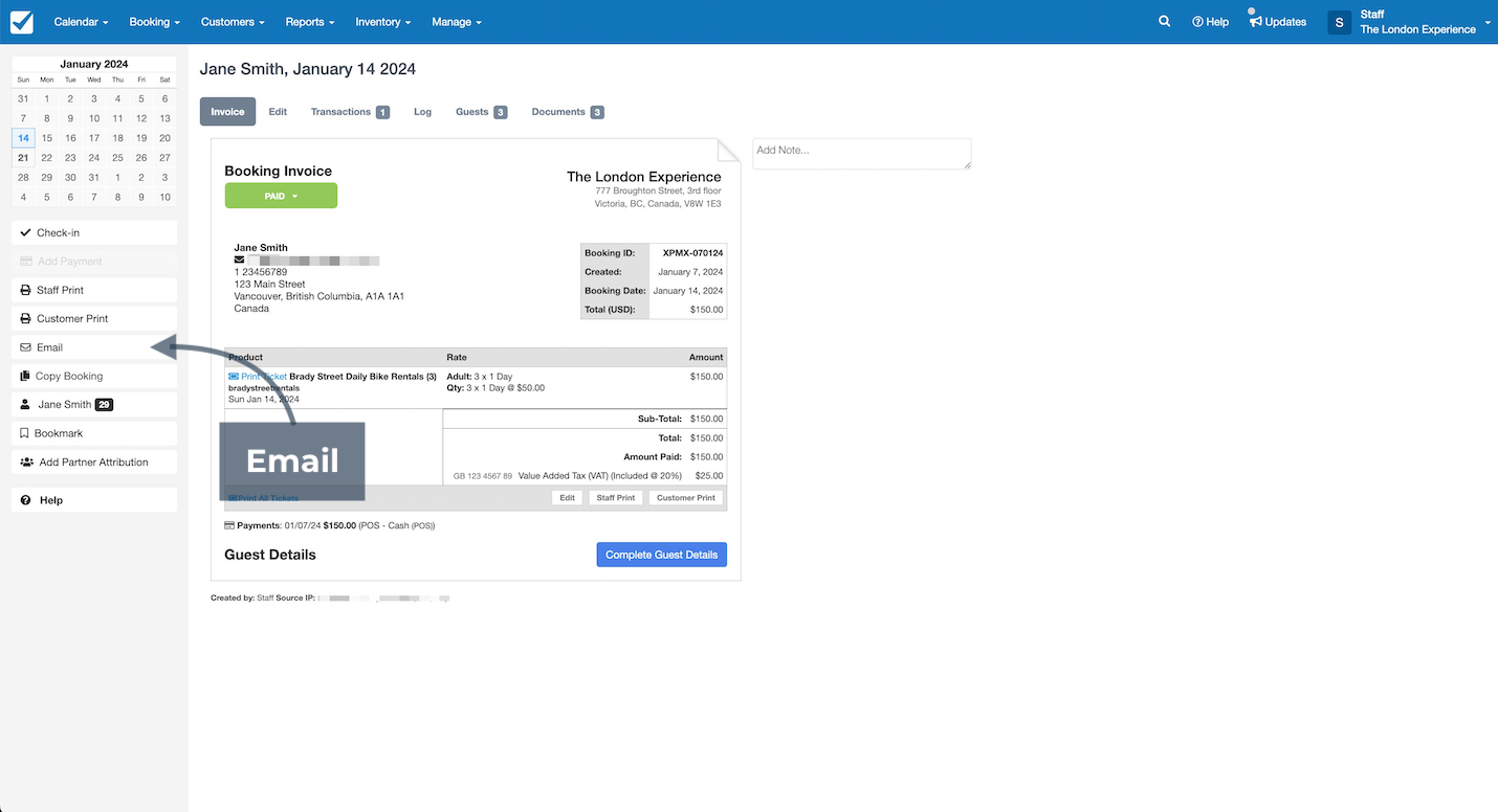 Booking invoice screen in Checkfront with the Email button highlighted for sending booking details to the customer.