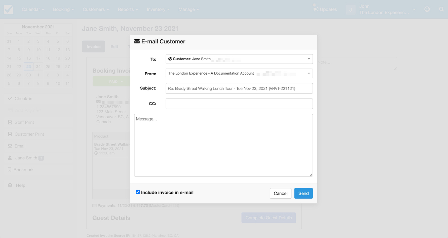 Email customer pop-up in Checkfront showing fields for recipient, sender, subject, CC, and message with an option to include the invoice in the email.