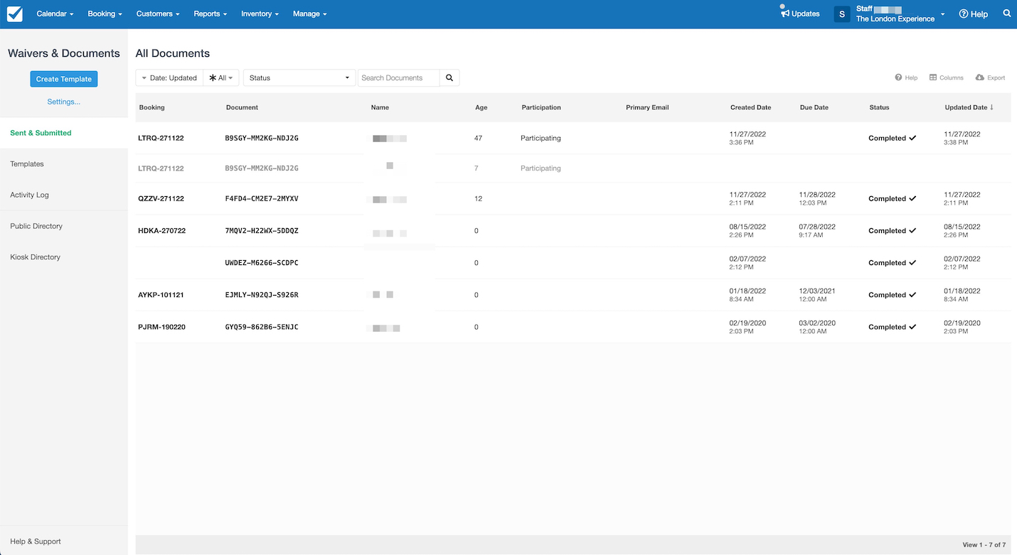 All documents view in Waivers and Documents, showing a list of bookings with names, ages, participation status, emails, created dates, due dates, and completed statuses.