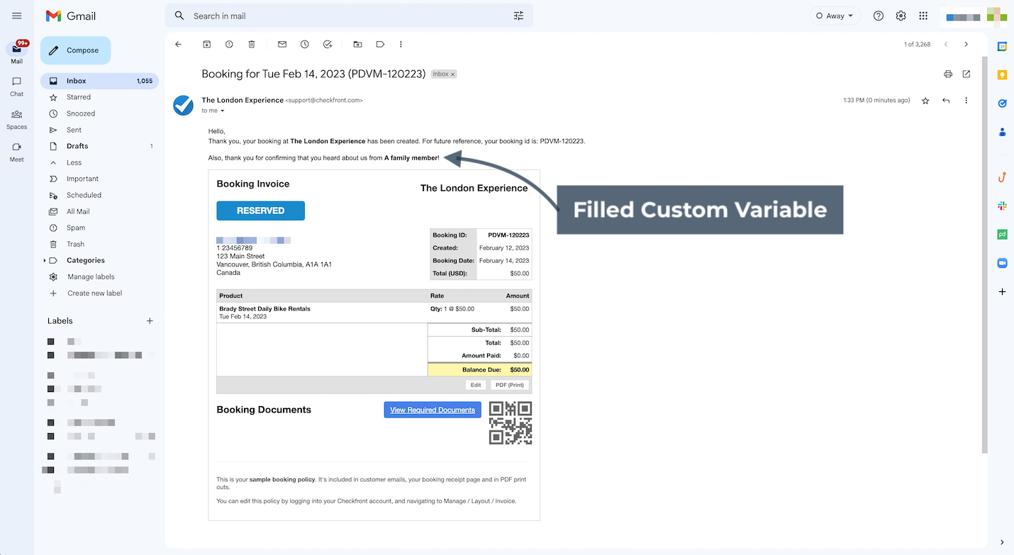 Customer booking confirmation email displayed in Gmail, showing booking invoice and text that includes a filled custom variable with the value a family member, highlighted by a pointer labeled filled custom variable.
