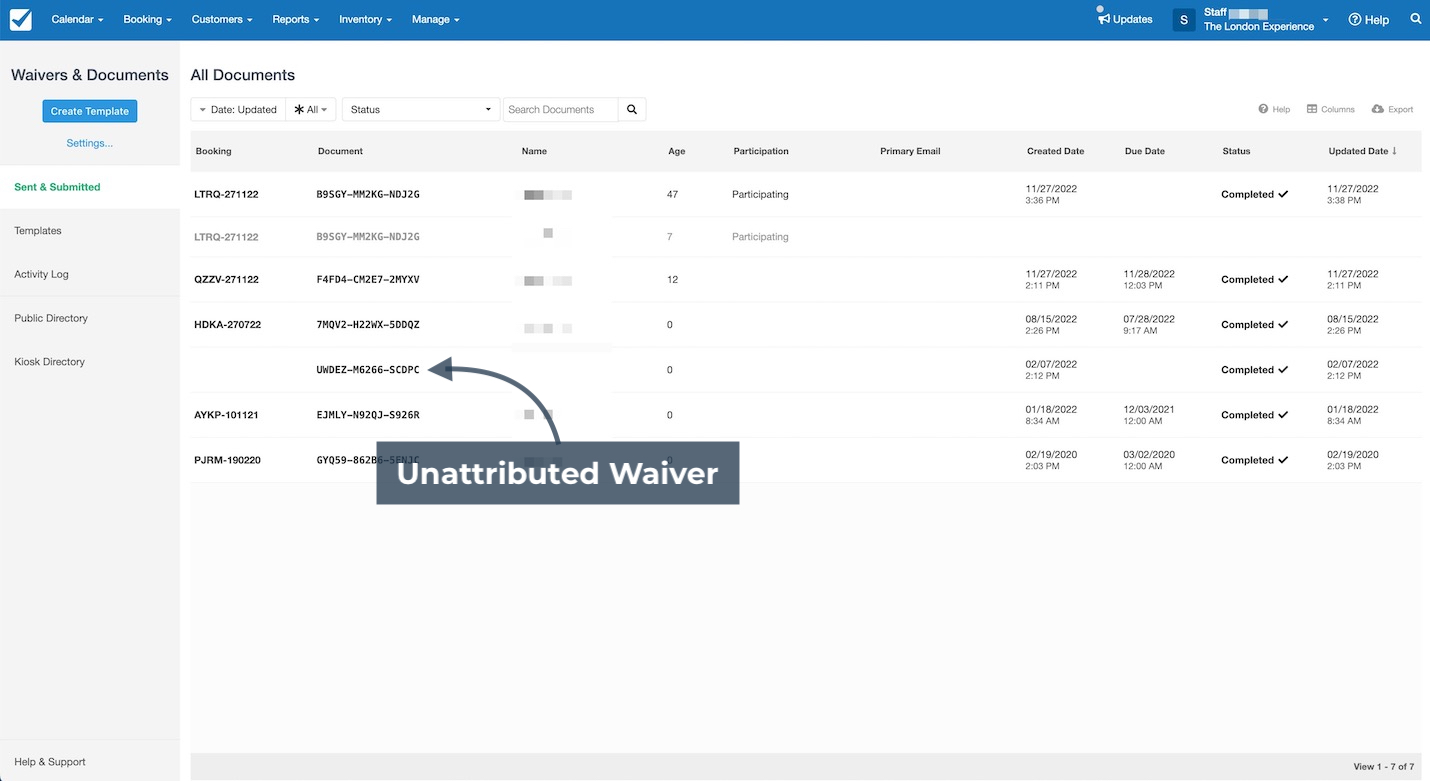 Waivers and Documents list, highlighting an unattributed waiver document, without associated participant information.